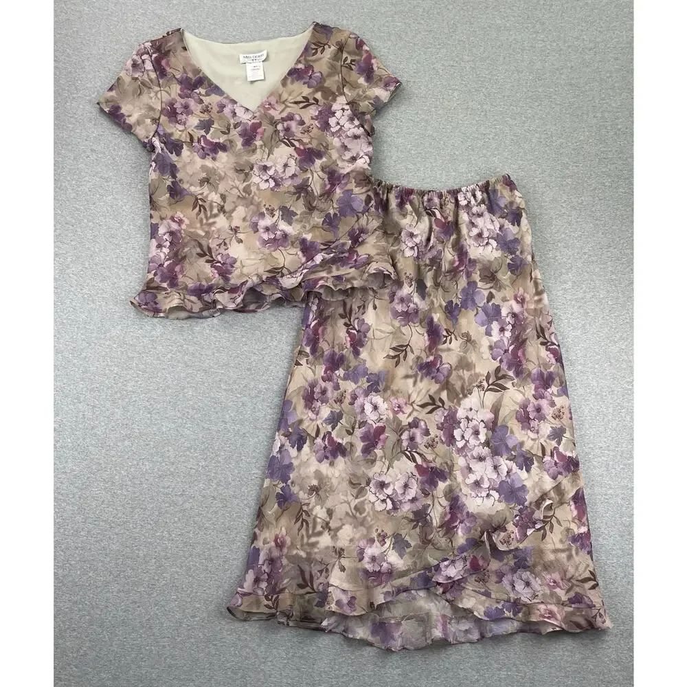 90s VTG Fairy Grunge 2-pc Floral Maxi Skirt Set 8P Purple Whimsigoth Ruffle Trim